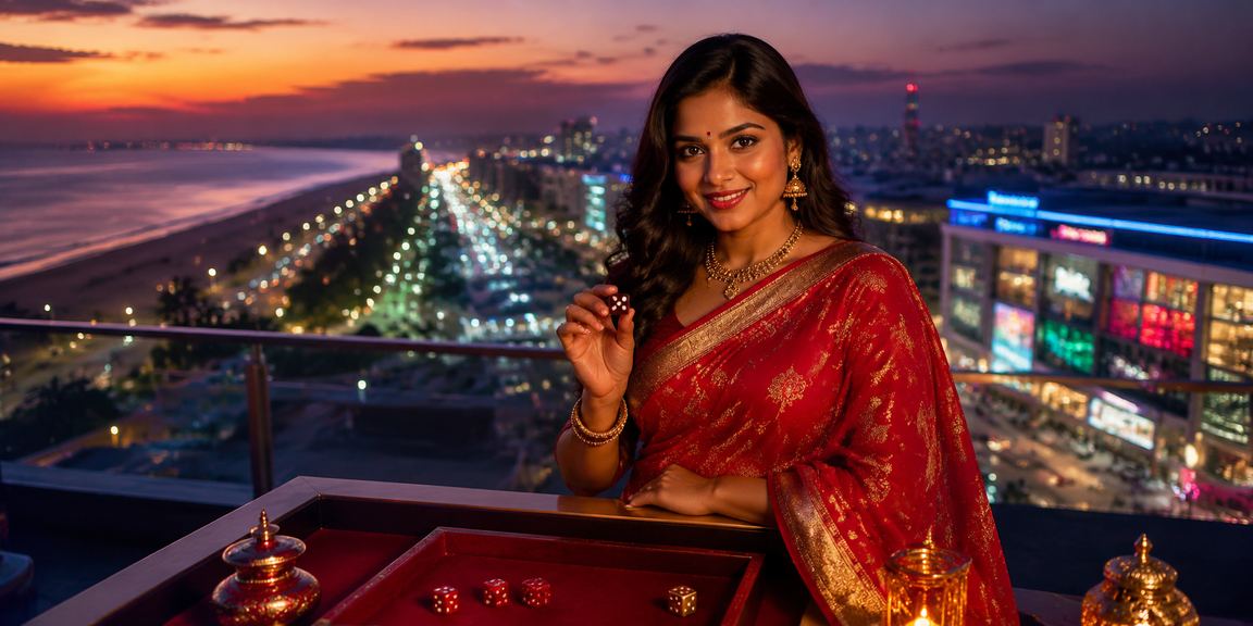 Woman playing dice game on smartphone at Chennai Marina Beach