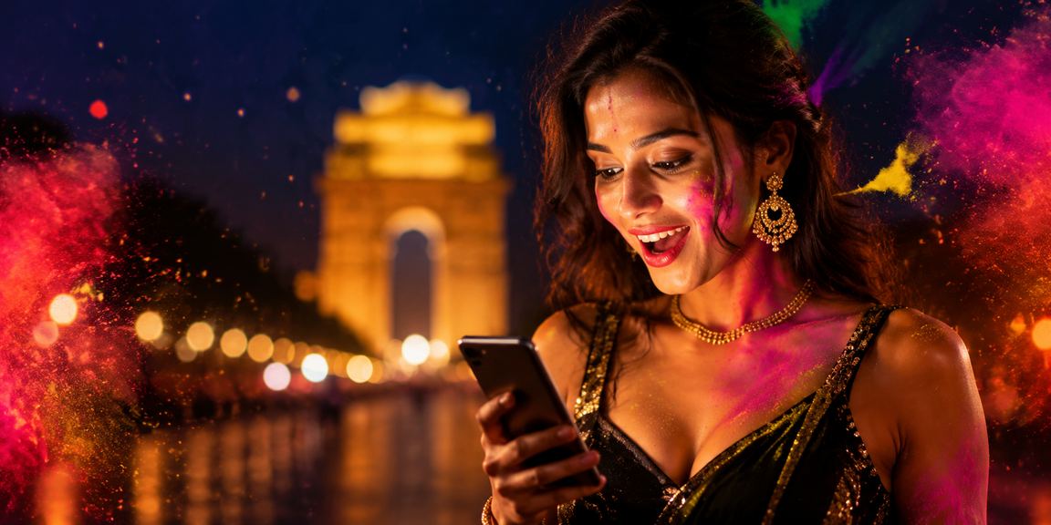 View of India Gate with festive lights during Holi festival in Delhi