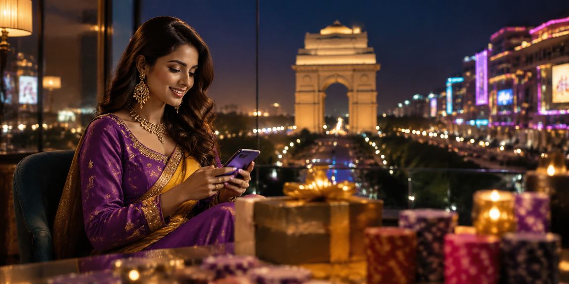 View of India Gate in Delhi with mobile casino neon overlay
